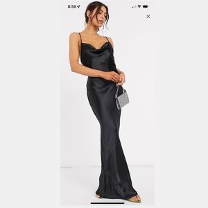 Maxi slip dress in high shine satin with lace up back